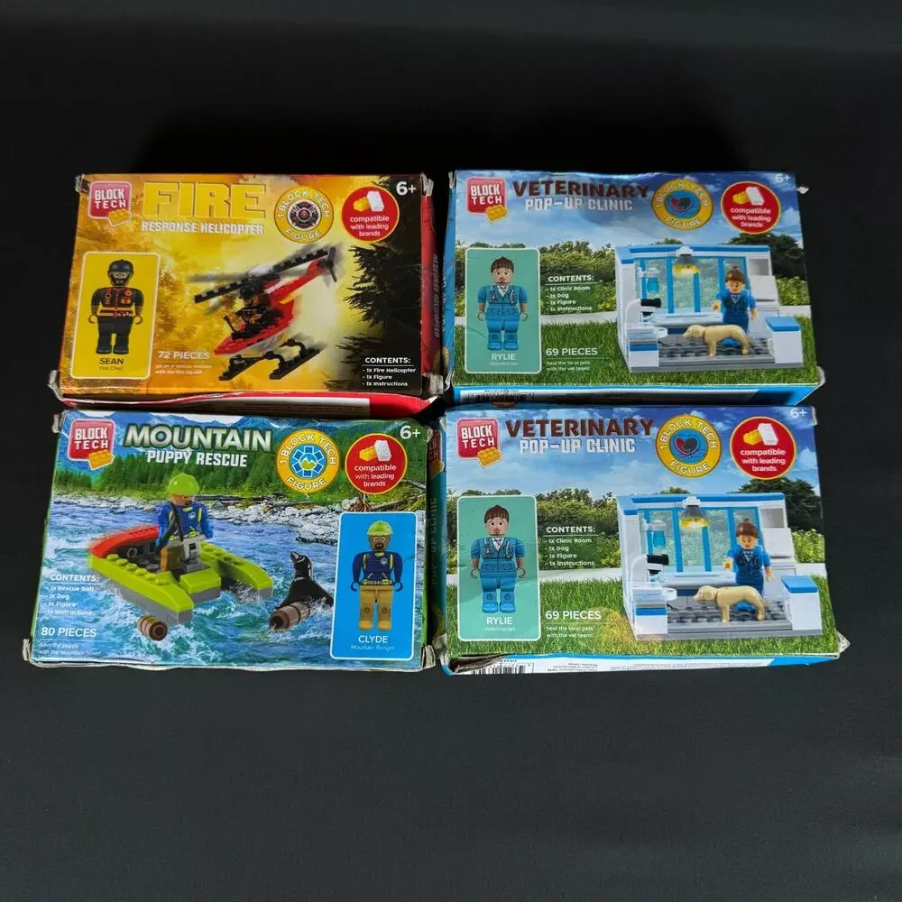 Set of 4 Block Tech Building Fire Helicopter, Mountain Rescue, Veterinar NEW